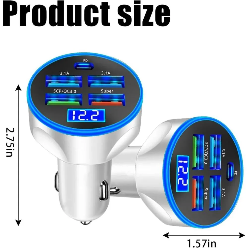 250W Multi Port USB Car Charger LED Voltmeter Fast Charge Type-C White 12V 24V
